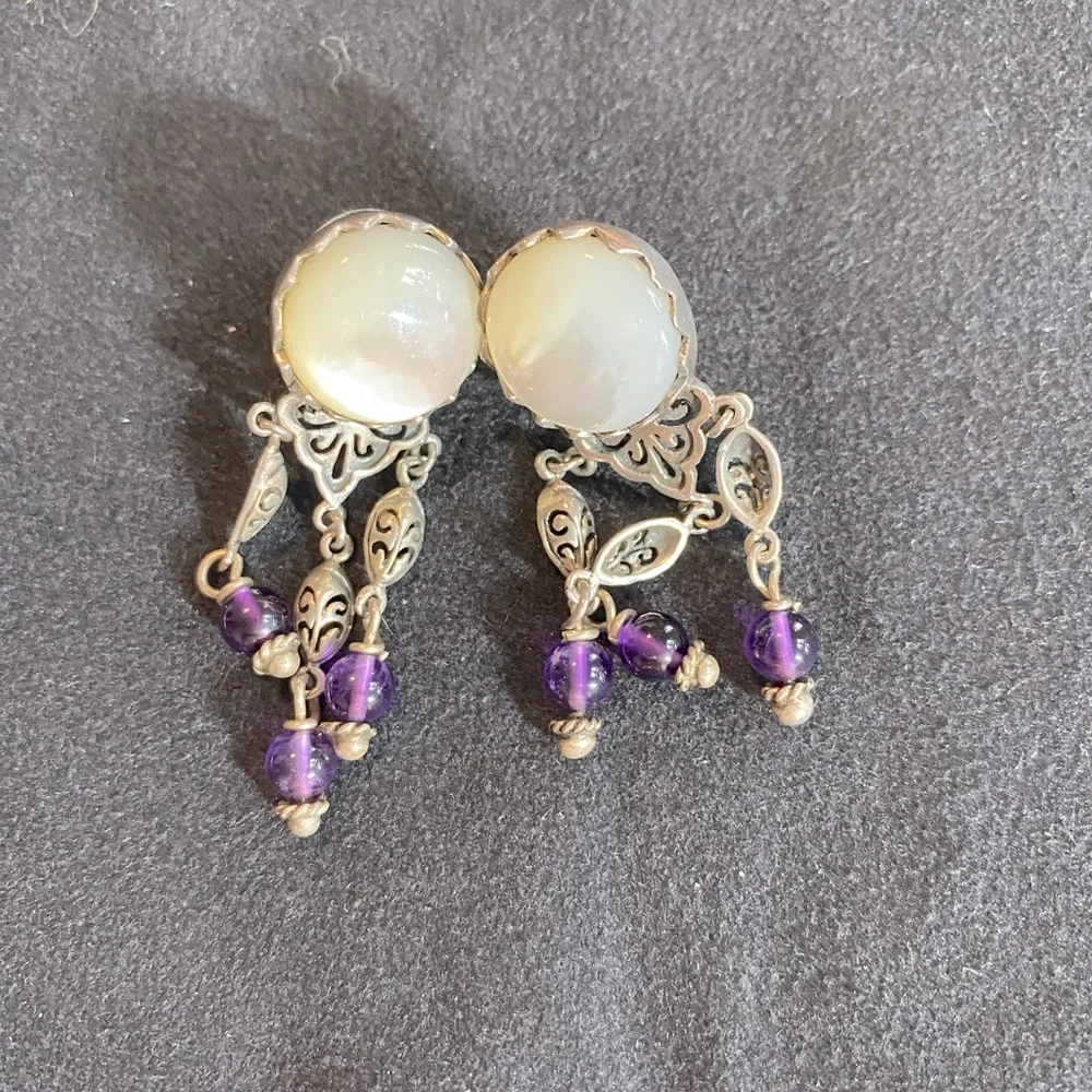Vintage Sterling Silver Filigree Earrings Mo Pearl Amethyst Drops Hallmarked - Picture 2 of 6